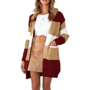 imagechouyatou Women Business Casual Color Block Striped Cardigan Sweater Open Front Long Knit Coatigan CoatWine Red