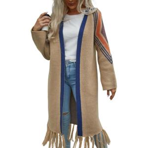 imagechouyatou Womens Boho Fringe Cardigan Sweater Aztec Tribal Open Front Duster Long Cardigan CoatBlue Khaki