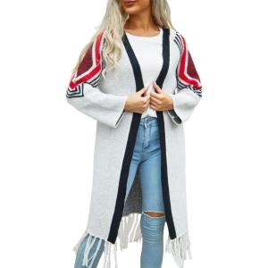 imagechouyatou Womens Boho Fringe Cardigan Sweater Aztec Tribal Open Front Duster Long Cardigan CoatGray White