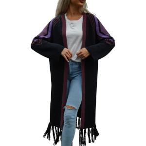 imagechouyatou Womens Boho Fringe Cardigan Sweater Aztec Tribal Open Front Duster Long Cardigan CoatPurple Black