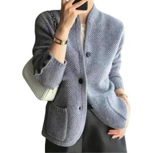imagechouyatou Womens Business Casual Blazer Jacket Waffle Knit Sweater Cardigan Top Open Front Sweater CoatGrey Blue