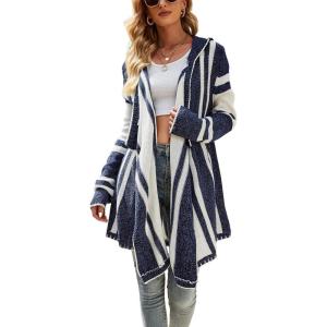 imagechouyatou Womens Color Block Vertical Striped Hooded Knit Cardigan Lapel Irregular Hem Drape Open Front Sweater CoatNavy Blue