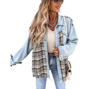 imagechouyatou Womens Distressed Frayed Raw Hem Plaid Splicing Denim Jacket ShacketBlue