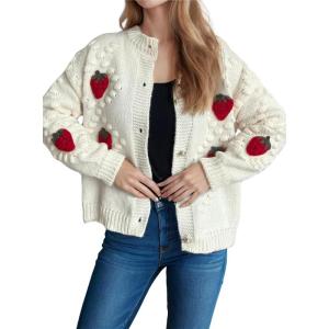 imagechouyatou Womens Fall Cute 3D Strawberry Cardigan Sweater Button Down Jacquard Knit Jacket CoatBeige