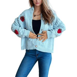 imagechouyatou Womens Fall Cute 3D Strawberry Cardigan Sweater Button Down Jacquard Knit Jacket CoatBlue