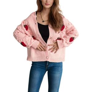 imagechouyatou Womens Fall Cute 3D Strawberry Cardigan Sweater Button Down Jacquard Knit Jacket CoatPink