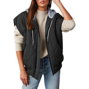 imagechouyatou Womens Fall Winter Lightweight Quilted Vest Zip Up Hooded Baggy Puffer Jacket CoatBlack