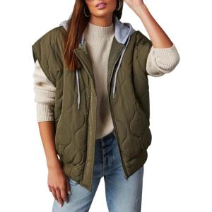 imagechouyatou Womens Fall Winter Lightweight Quilted Vest Zip Up Hooded Baggy Puffer Jacket CoatOlive Green