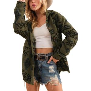 imagechouyatou Womens Fuzzy Fleece Jacket Tribal Aztec Print Button Down Boyfriend Shirt Shacket JacketsArmy Green
