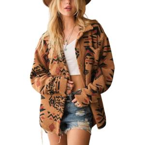imagechouyatou Womens Fuzzy Fleece Jacket Tribal Aztec Print Button Down Boyfriend Shirt Shacket JacketsCamel
