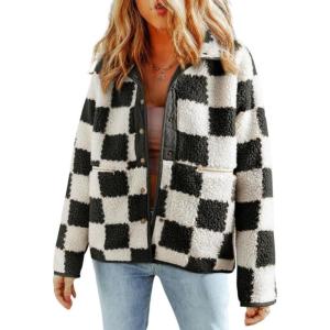 imagechouyatou Womens Fuzzy Plaid Sherpa Jacket Gingham Button Down Faux Fur Fleece Jacket CoatBlack