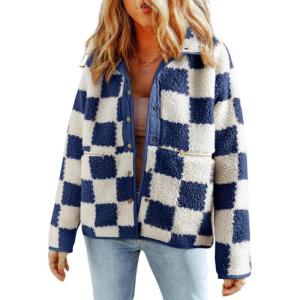 imagechouyatou Womens Fuzzy Plaid Sherpa Jacket Gingham Button Down Faux Fur Fleece Jacket CoatBlue