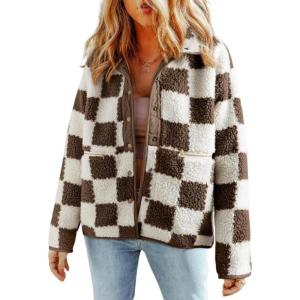 imagechouyatou Womens Fuzzy Plaid Sherpa Jacket Gingham Button Down Faux Fur Fleece Jacket CoatCoffee