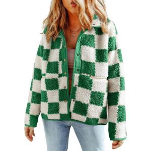imagechouyatou Womens Fuzzy Plaid Sherpa Jacket Gingham Button Down Faux Fur Fleece Jacket CoatGreen