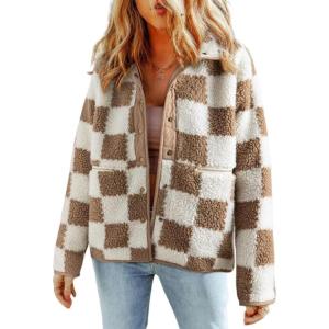 imagechouyatou Womens Fuzzy Plaid Sherpa Jacket Gingham Button Down Faux Fur Fleece Jacket CoatKhaki
