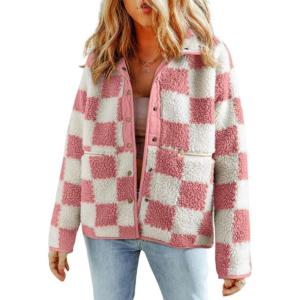imagechouyatou Womens Fuzzy Plaid Sherpa Jacket Gingham Button Down Faux Fur Fleece Jacket CoatPink