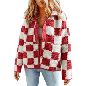 imagechouyatou Womens Fuzzy Plaid Sherpa Jacket Gingham Button Down Faux Fur Fleece Jacket CoatRed
