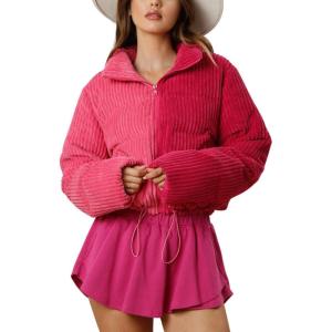 imagechouyatou Womens Winter Corduroy Cropped Puffer Quilted Jacket Color Block Zip Up Puffy Down Coat OuterwearPink