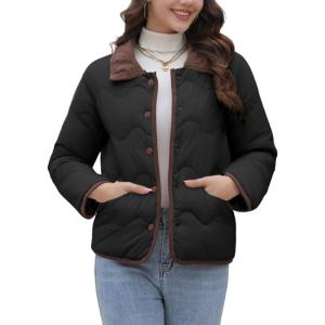 imagechouyatou Womens Winter Cute Lapel Collar Quilted Puffer Coat Button Down Contrast Trim Puffy Down JacketBlack