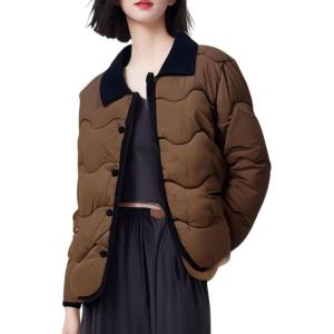 imagechouyatou Womens Winter Cute Lapel Collar Quilted Puffer Coat Button Down Contrast Trim Puffy Down JacketBrown