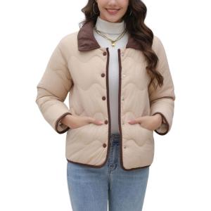 imagechouyatou Womens Winter Cute Lapel Collar Quilted Puffer Coat Button Down Contrast Trim Puffy Down JacketKhaki