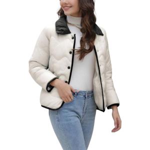 imagechouyatou Womens Winter Cute Lapel Collar Quilted Puffer Coat Button Down Contrast Trim Puffy Down JacketWhite