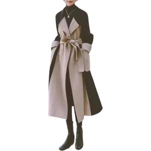 imagechouyatou Womens Winter Double Breasted Wool Trench Coat Color Block Notch Lapel Long Wool Pea Coat with BeltBlack Khaki
