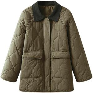 imagechouyatou Womens Winter Lightweight Quilted Jacket Contrast Color Collar Utility Puffer Jacket Down CoatArmy Green