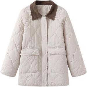 imagechouyatou Womens Winter Lightweight Quilted Jacket Contrast Color Collar Utility Puffer Jacket Down CoatBeige