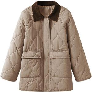 imagechouyatou Womens Winter Lightweight Quilted Jacket Contrast Color Collar Utility Puffer Jacket Down CoatKhaki