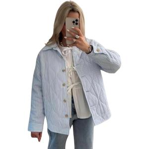 imagechouyatou Womens Winter Striped Lightweight Quilted Jacket Button Down Puffer Jacket Down CoatBlue