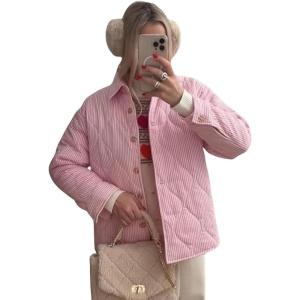 imagechouyatou Womens Winter Striped Lightweight Quilted Jacket Button Down Puffer Jacket Down CoatPink