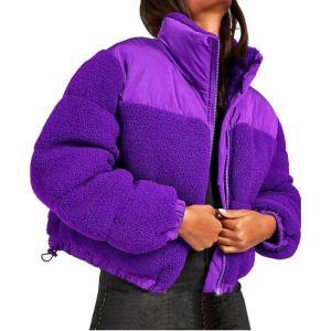 imagechouyatou Womens Winter Warm Cropped Sherpa Puffer Jacket Casual Zip Up Baggy Quilted Down CoatPurple