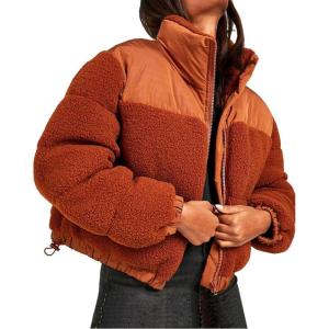 imagechouyatou Womens Winter Warm Cropped Sherpa Puffer Jacket Casual Zip Up Baggy Quilted Down CoatReddish Brown