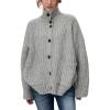 imagechouyatou Womens Button Down Cardigan Sweater Fall Oversized Turtleneck Ribbed Knit Cardigan Coat with PocketsGrey
