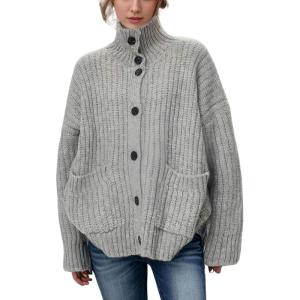 imagechouyatou Womens Button Down Cardigan Sweater Fall Oversized Turtleneck Ribbed Knit Cardigan Coat with PocketsGrey