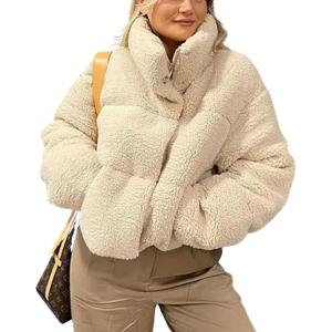 imagechouyatou Womens Winter Warm Cropped Sherpa Puffer Jacket Casual Baggy Quilted Short Down CoatBeige