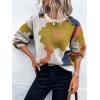 imagechouyatou Womens Cute Floral Printed Color Block Pullover Sweater Casual Crewneck Knit Jumper TopsKhaki