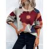 imagechouyatou Womens Cute Floral Printed Color Block Pullover Sweater Casual Crewneck Knit Jumper TopsWine Red