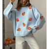 imagechouyatou Womens Cute Orange Pattern Pullover Sweater Color Block Crew Neck Knit Jumper TopsBlue