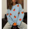imagechouyatou Womens Cute Orange Pattern Pullover Sweater Color Block Crew Neck Knit Jumper TopsBlue
