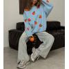 imagechouyatou Womens Cute Orange Pattern Pullover Sweater Color Block Crew Neck Knit Jumper TopsBlue