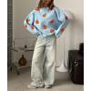 imagechouyatou Womens Cute Orange Pattern Pullover Sweater Color Block Crew Neck Knit Jumper TopsBlue