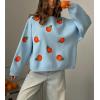 imagechouyatou Womens Cute Orange Pattern Pullover Sweater Color Block Crew Neck Knit Jumper TopsBlue