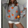 imagechouyatou Womens Cute Orange Pattern Pullover Sweater Color Block Crew Neck Knit Jumper TopsGray