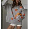 imagechouyatou Womens Cute Orange Pattern Pullover Sweater Color Block Crew Neck Knit Jumper TopsGray