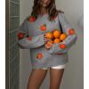 imagechouyatou Womens Cute Orange Pattern Pullover Sweater Color Block Crew Neck Knit Jumper TopsGray