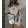 imagechouyatou Womens Cute Orange Pattern Pullover Sweater Color Block Crew Neck Knit Jumper TopsGray