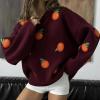 imagechouyatou Womens Cute Orange Pattern Pullover Sweater Color Block Crew Neck Knit Jumper TopsWine Red