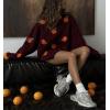 imagechouyatou Womens Cute Orange Pattern Pullover Sweater Color Block Crew Neck Knit Jumper TopsWine Red